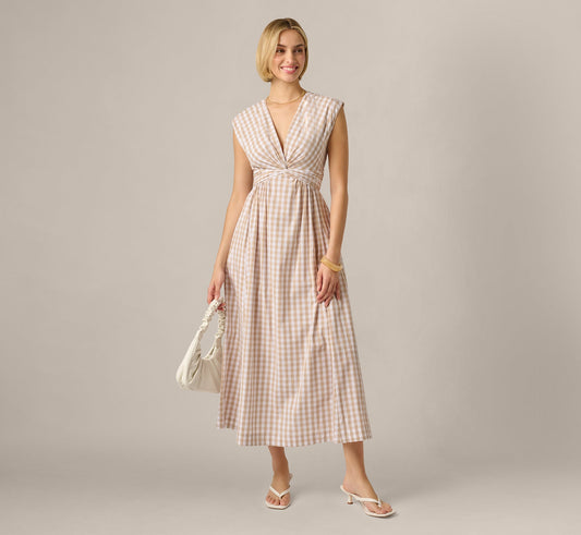 Gingham Cotton Everyday Midi Dress - Beige Ivory | Adrianna Papell