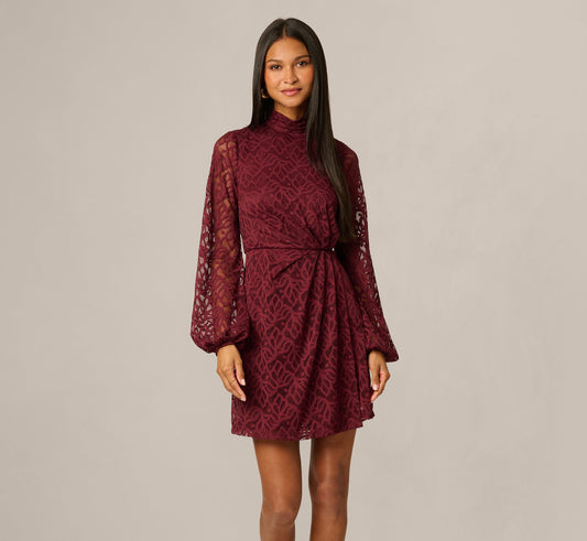 Lantern Sleeve Stretch Lace Blouson Short Dress - Burgundy | Adrianna Papell