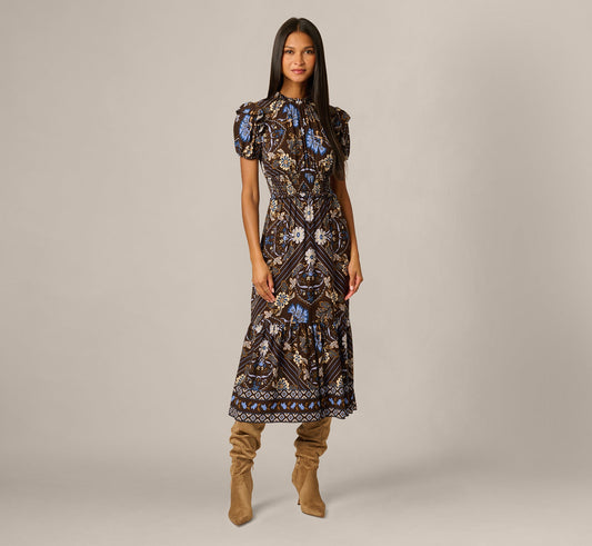 Short Sleeve Floral Scarf Print Ruffle Midi Dress - Brown Multi | Adrianna Papell