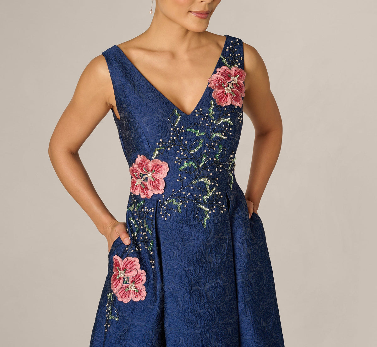 Jacquard Floral Beaded Fit And Flare Midi Dress - Midnight Multi | Adrianna Papell