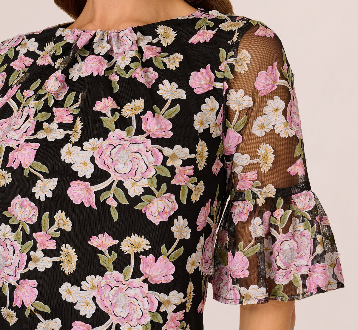 Bell Sleeve Floral Embroidered Short Dress - Black Multi | Adrianna Papell
