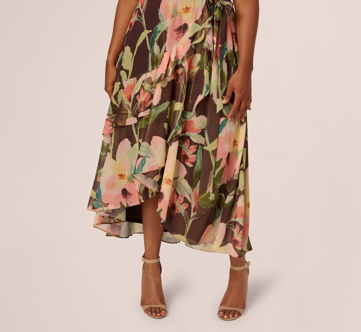 Plus Size Flutter Sleeve High Low Midi Wrap Dress - Brown Multi | Adrianna Papell