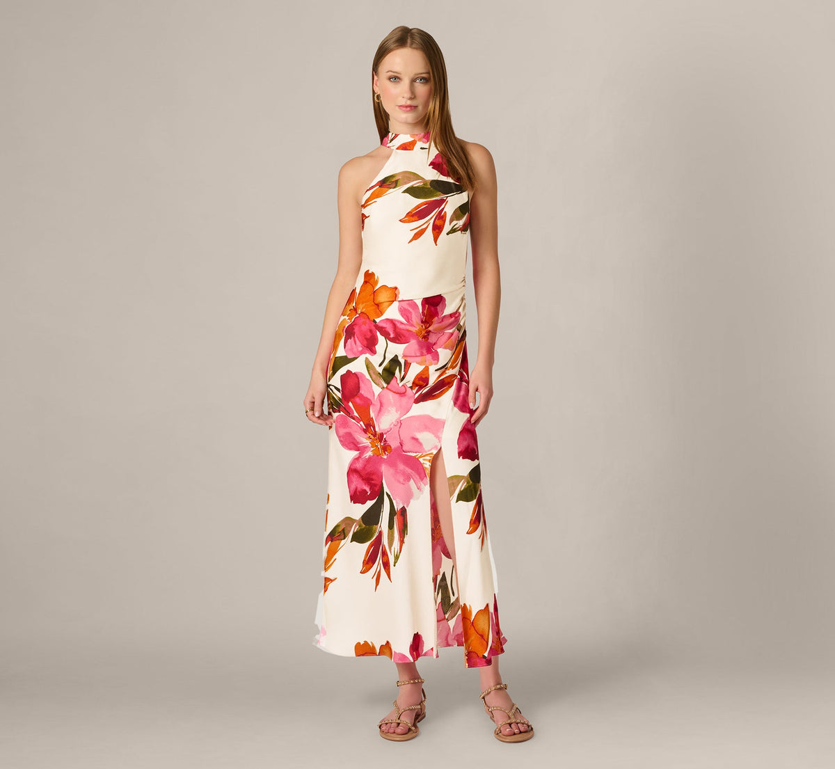 Floral Printed Satin Midi Halter Dress - Champagne Multi | Adrianna Papell