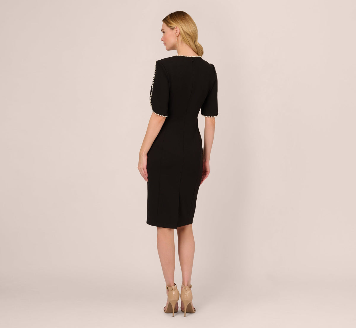 Crepe Midi Length Sheath Dress With Pearly Trim - Black | Adrianna Papell