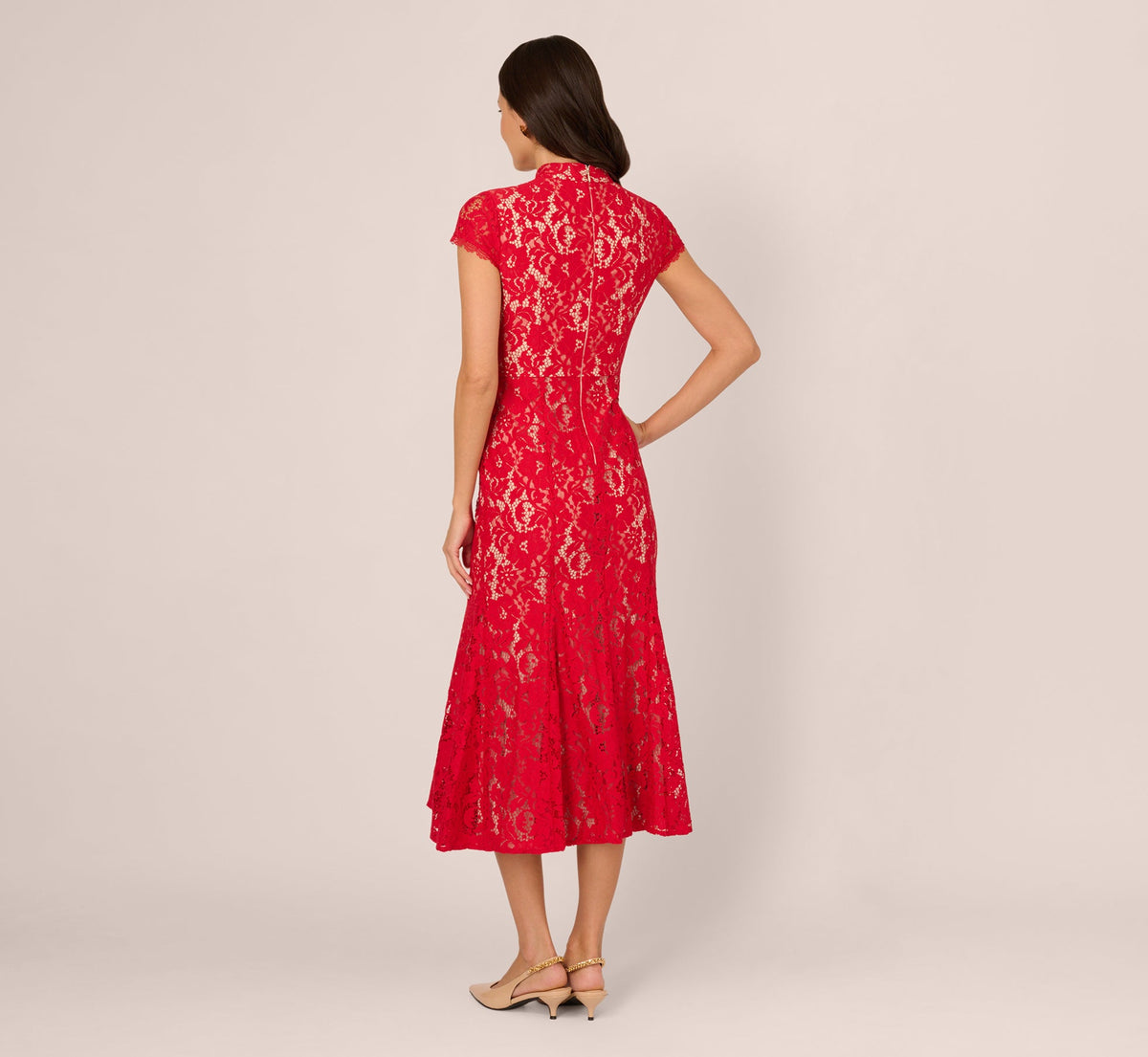Cap Sleeve Lace Midi Dress - Red Nude | Adrianna Papell
