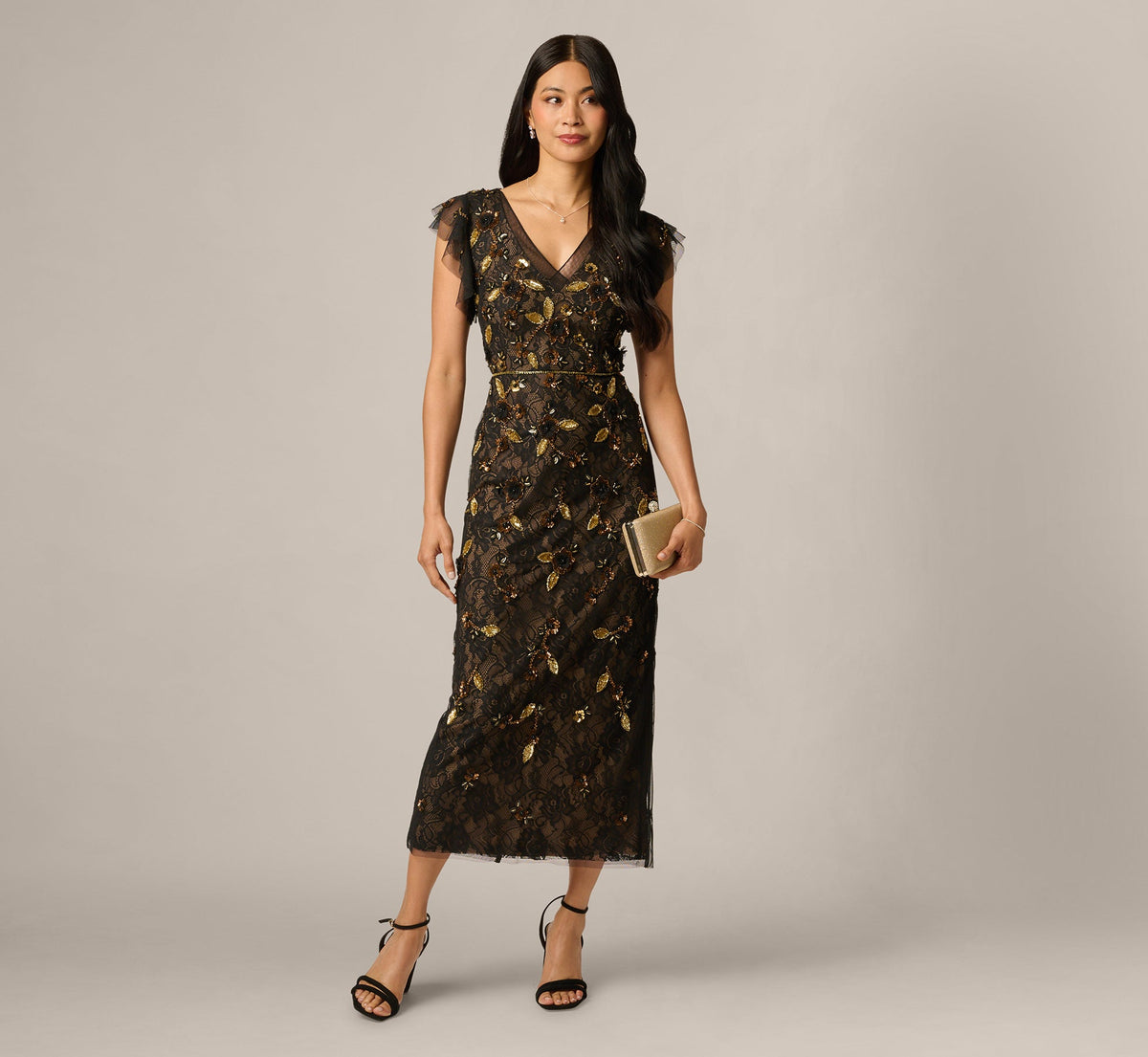 Flutter Sleeve Sequin Beaded Lace Ankle Length Dress - Black Gold | Adrianna Papell