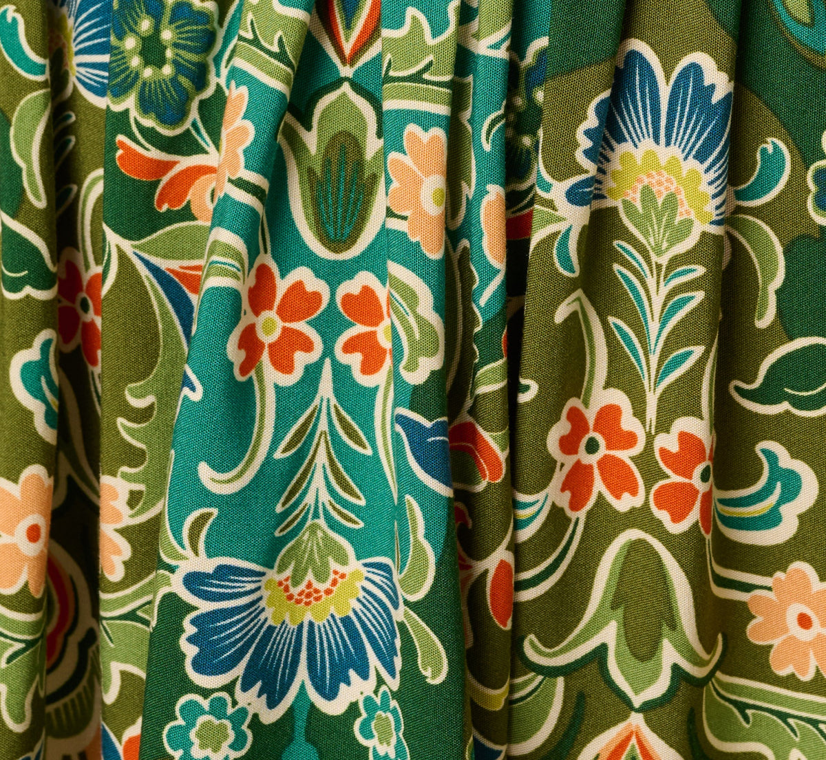 Long Sleeve Keyhole Antique Floral Print Short Dress - Olive Multi | Adrianna Papell