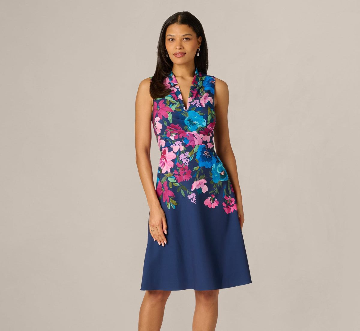 Collared Floral Border Twill Midi Dress - Navy Multi | Adrianna Papell