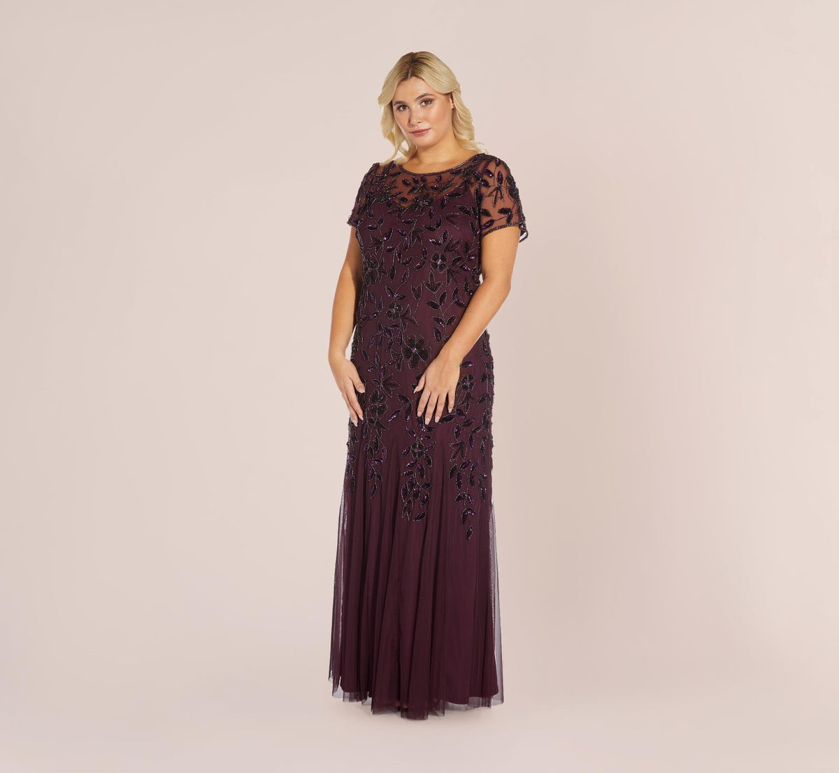 Plus Size Hand Beaded Short Sleeve Floral Godet Gown - Night Plum | Adrianna Papell