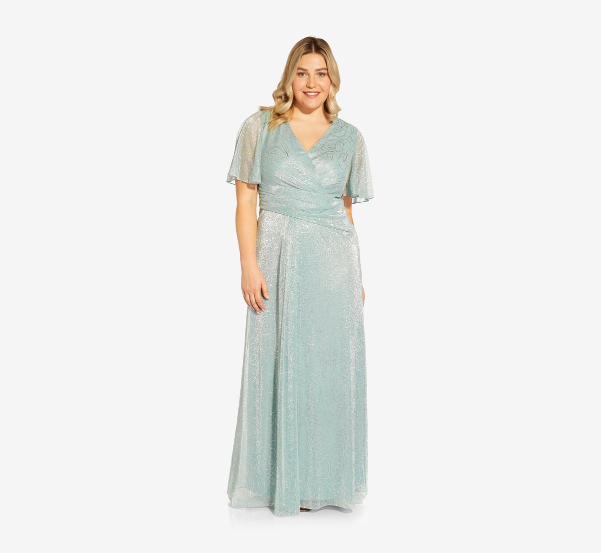 Plus Size Metallic Mesh Draped Gown - Sea Glass | Adrianna Papell