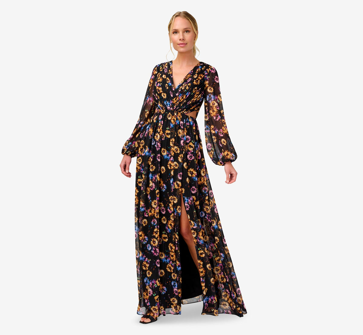 Floral-Print Pleated Chiffon Long A-Line Gown - Black Multi | Adrianna Papell