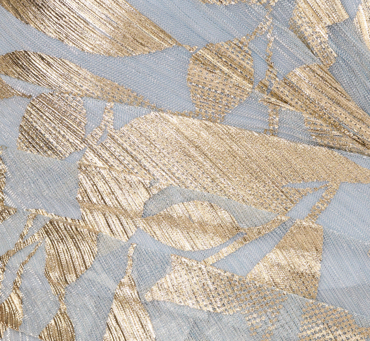 Foil Leaf Short Sleeve Gown With Draped Details - Light Blue Gold | Adrianna Papell