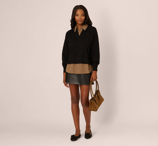 Long Sleeve Collared Printed Twover Sweater - Black W Mocha Petite Stripe | Adrianna Papell