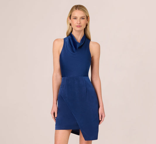 Satin Sleeveless Asymmetric Dress With Draped Neckline - Navy | Adrianna Papell