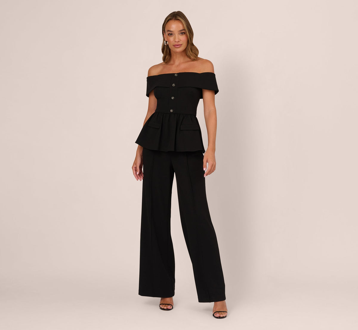 Off Shoulder Crepe Peplum Jumpsuit - Black | Adrianna Papell