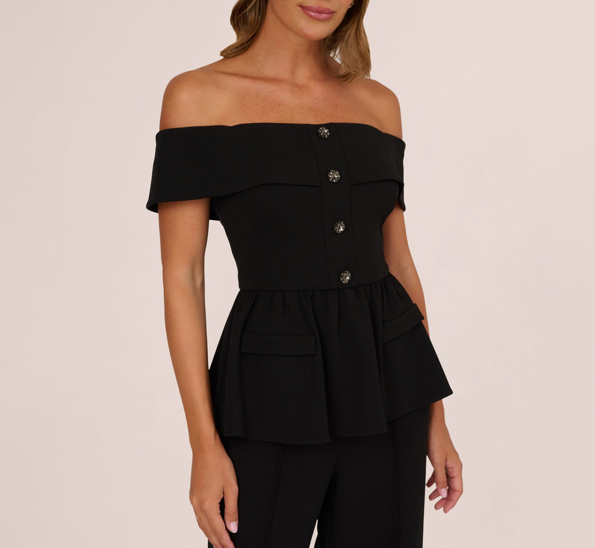 Off Shoulder Crepe Peplum Jumpsuit - Black | Adrianna Papell