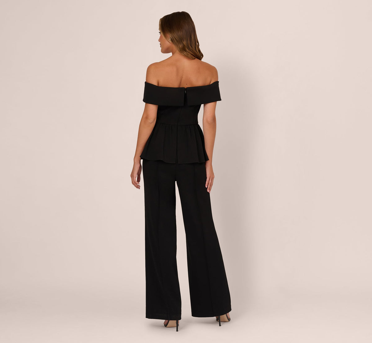Off Shoulder Crepe Peplum Jumpsuit - Black | Adrianna Papell