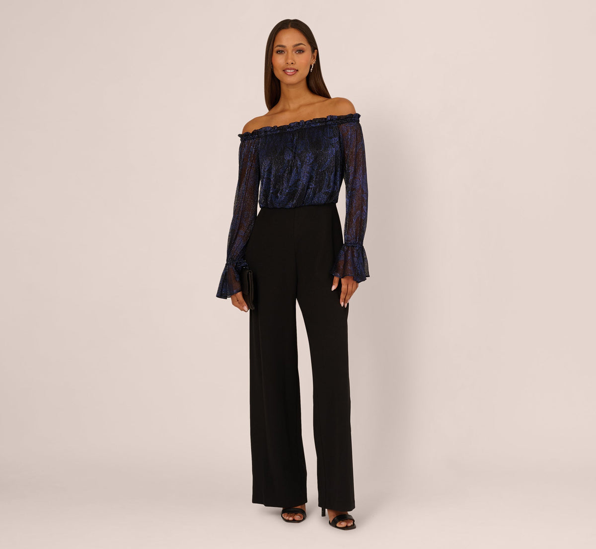 Long Sleeve Off Shoulder Metallic Combo Jumpsuit - Navy Black | Adrianna Papell