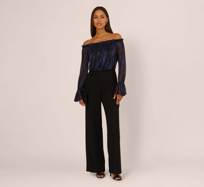 Long Sleeve Off Shoulder Metallic Combo Jumpsuit - Navy Black | Adrianna Papell