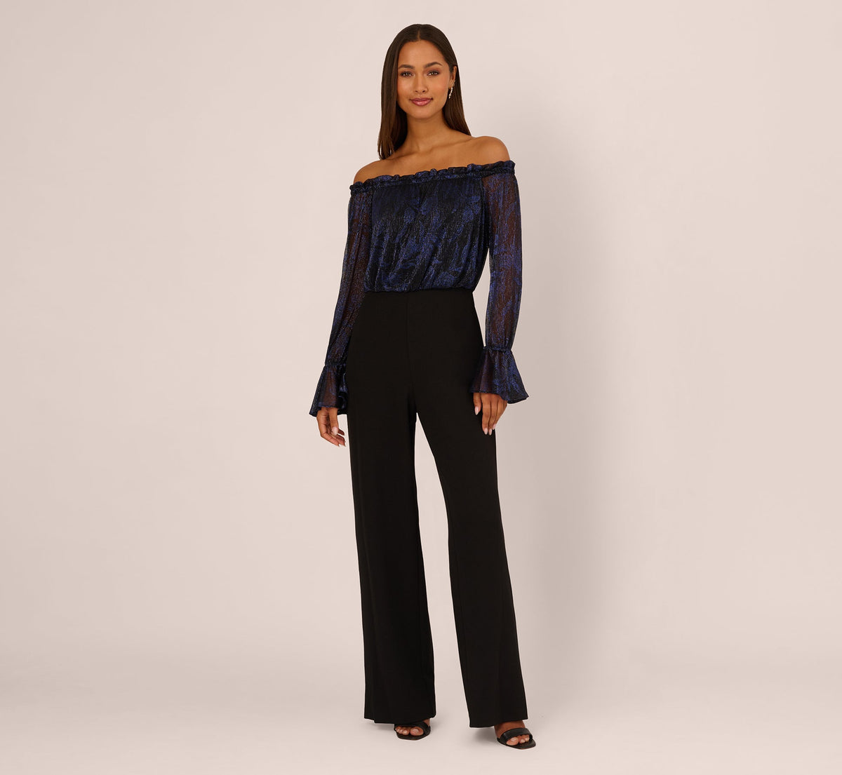 Long Sleeve Off Shoulder Metallic Combo Jumpsuit - Navy Black | Adrianna Papell