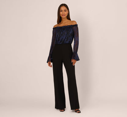 Long Sleeve Off Shoulder Metallic Combo Jumpsuit - Navy Black | Adrianna Papell