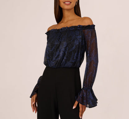 Long Sleeve Off Shoulder Metallic Combo Jumpsuit - Navy Black | Adrianna Papell