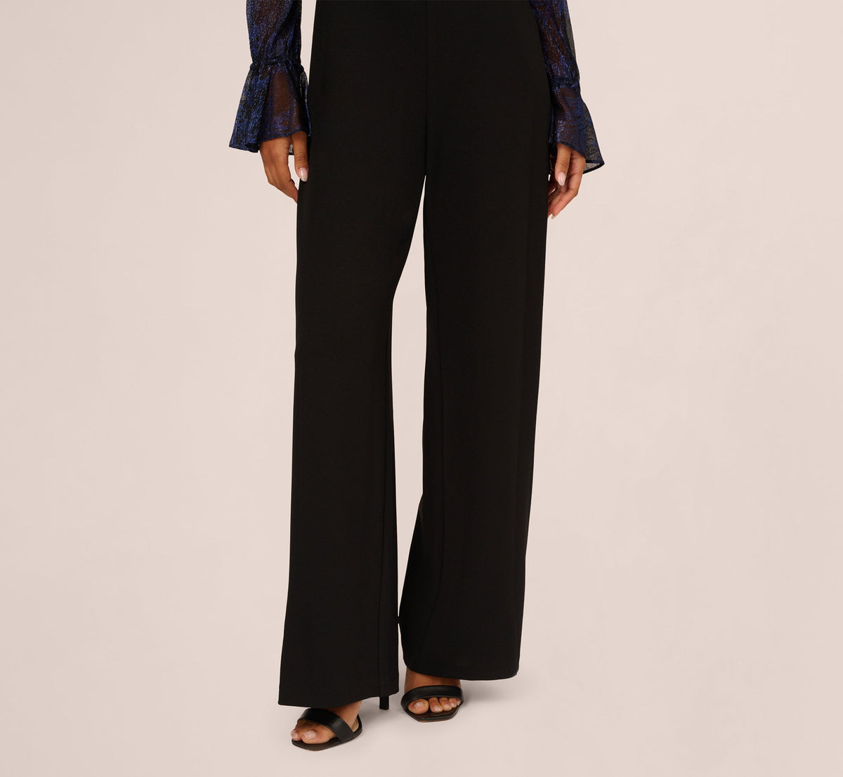 Long Sleeve Off Shoulder Metallic Combo Jumpsuit - Navy Black | Adrianna Papell