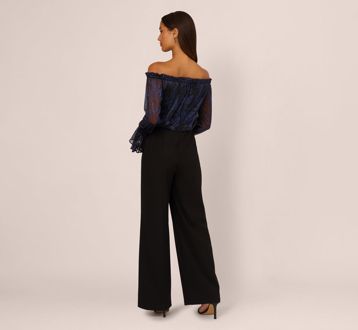 Long Sleeve Off Shoulder Metallic Combo Jumpsuit - Navy Black | Adrianna Papell
