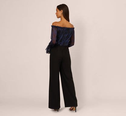 Long Sleeve Off Shoulder Metallic Combo Jumpsuit - Navy Black | Adrianna Papell