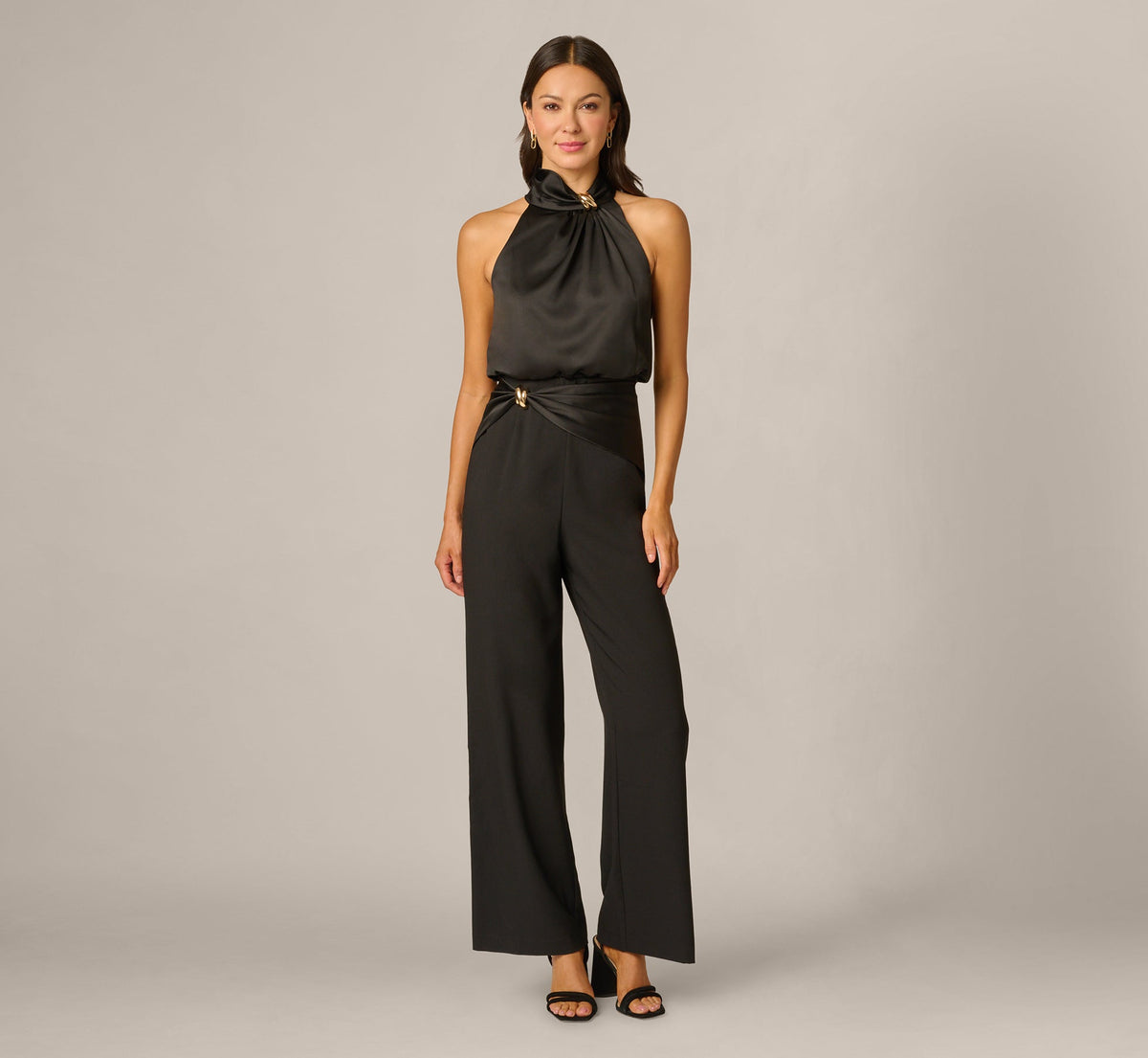 Satin Brooch Halter Combo Jumpsuit - Black | Adrianna Papell