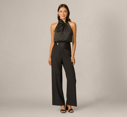 Satin Brooch Halter Combo Jumpsuit - Black | Adrianna Papell