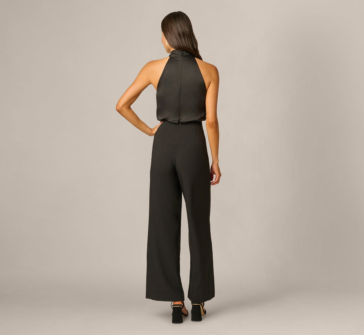 Satin Brooch Halter Combo Jumpsuit - Black | Adrianna Papell