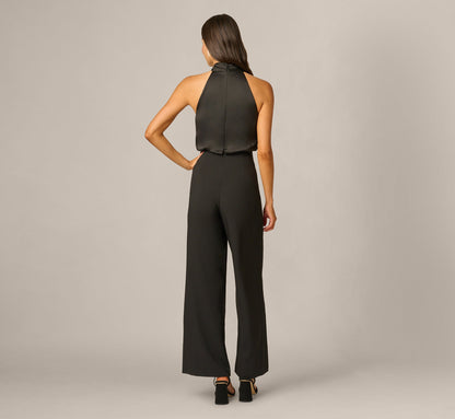 Satin Brooch Halter Combo Jumpsuit - Black | Adrianna Papell