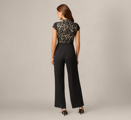 Cap Sleeve Bow Waist Lace Combo Jumpsuit - Black Nude | Adrianna Papell