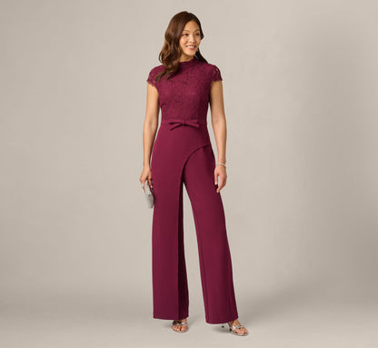 Cap Sleeve Bow Waist Lace Combo Jumpsuit - Cabernet | Adrianna Papell