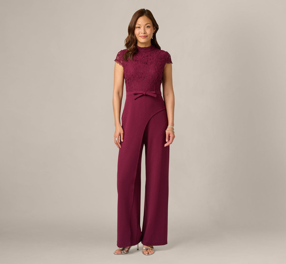 Cap Sleeve Bow Waist Lace Combo Jumpsuit - Cabernet | Adrianna Papell