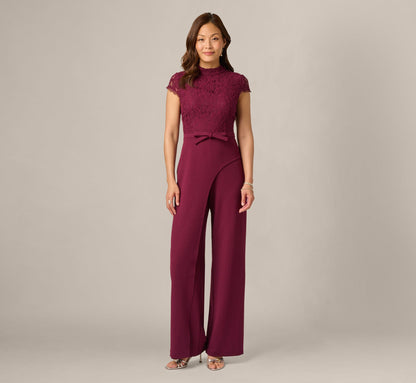 Cap Sleeve Bow Waist Lace Combo Jumpsuit - Cabernet | Adrianna Papell