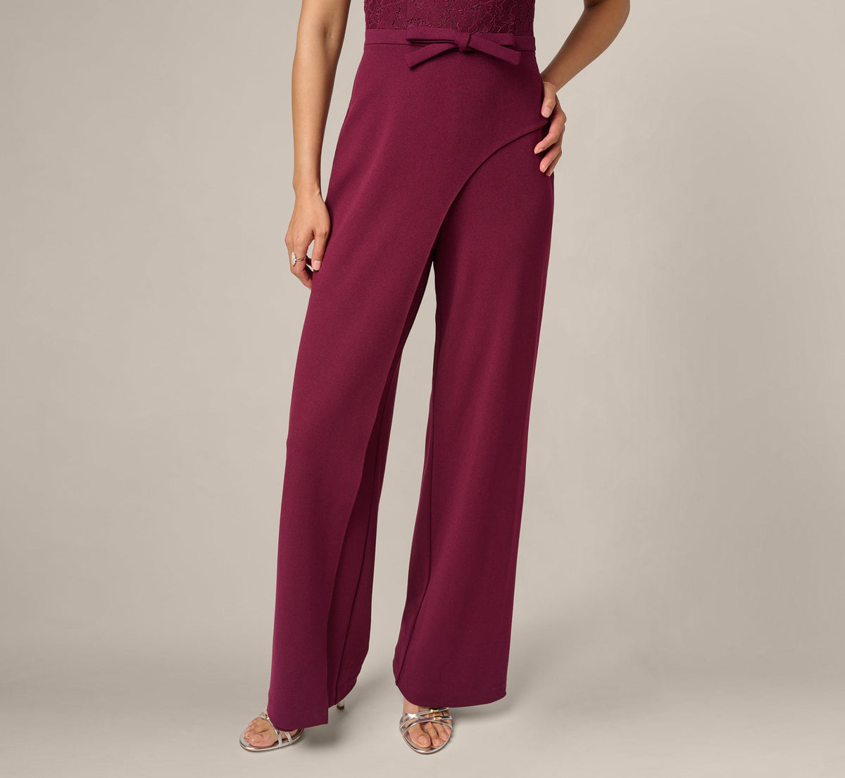 Cap Sleeve Bow Waist Lace Combo Jumpsuit - Cabernet | Adrianna Papell