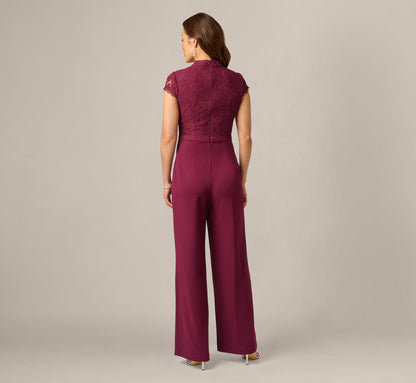 Cap Sleeve Bow Waist Lace Combo Jumpsuit - Cabernet | Adrianna Papell