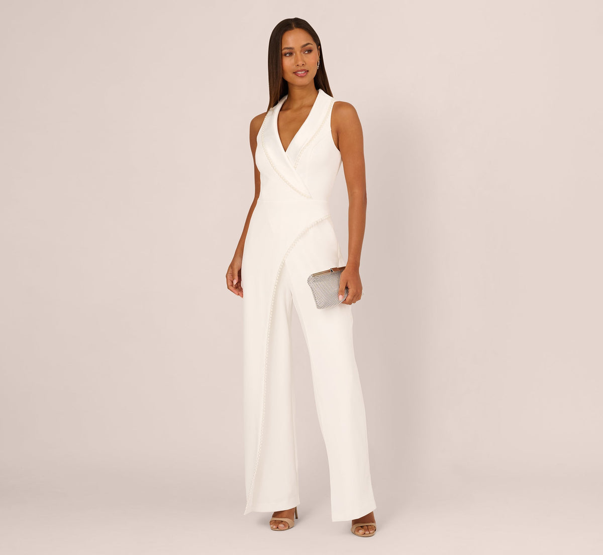Sleeveless Crepe Tuxedo Jumpsuit With Pearl Trim - Ivory | Adrianna Papell