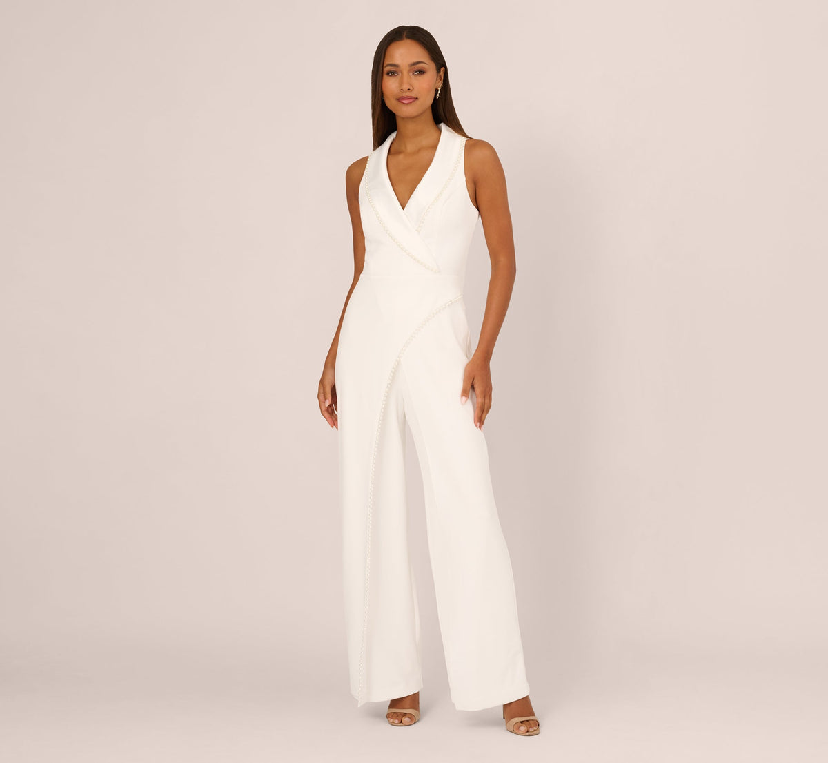 Sleeveless Crepe Tuxedo Jumpsuit With Pearl Trim - Ivory | Adrianna Papell