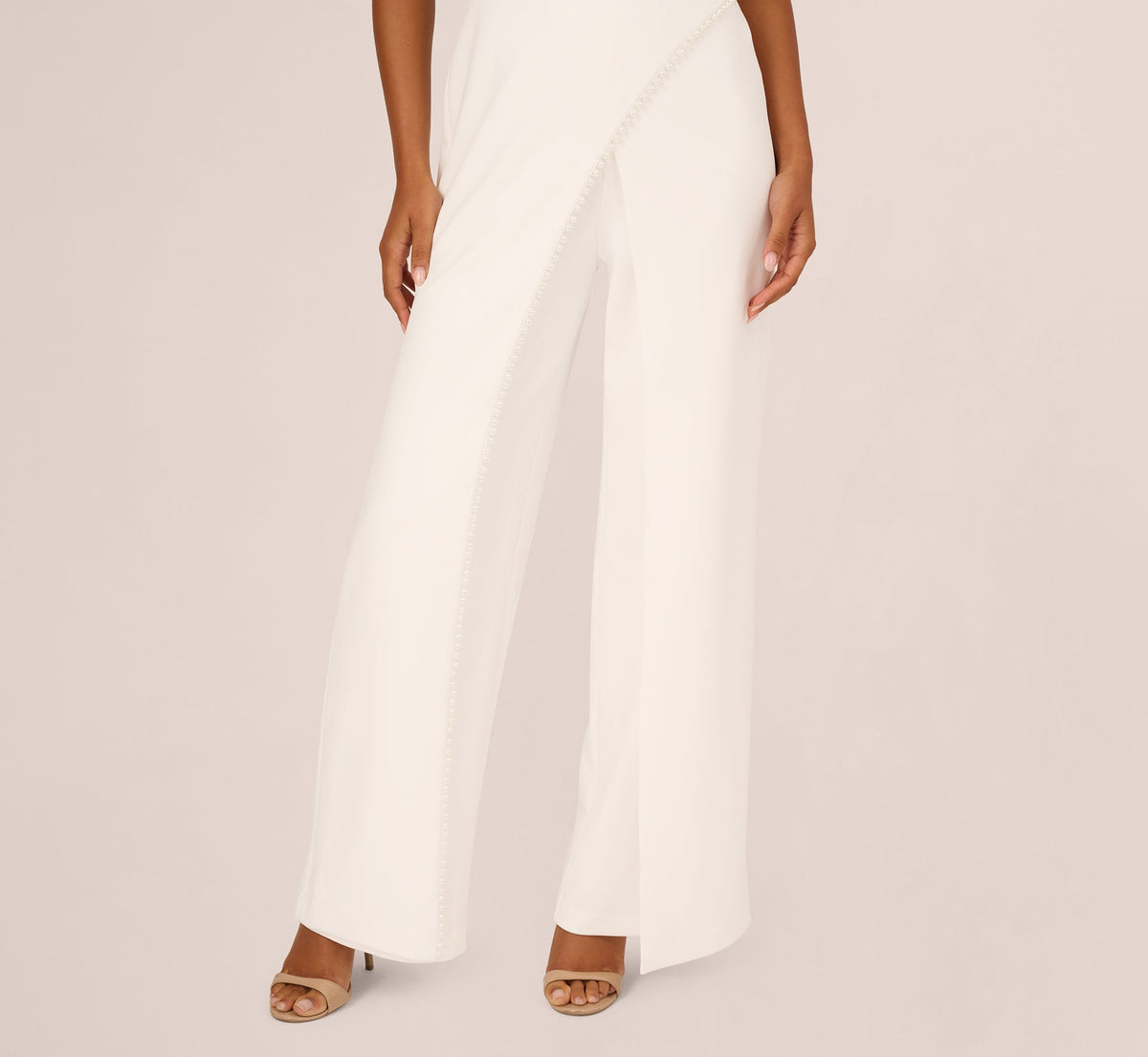 Sleeveless Crepe Tuxedo Jumpsuit With Pearl Trim - Ivory | Adrianna Papell