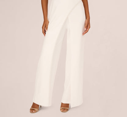 Sleeveless Crepe Tuxedo Jumpsuit With Pearl Trim - Ivory | Adrianna Papell
