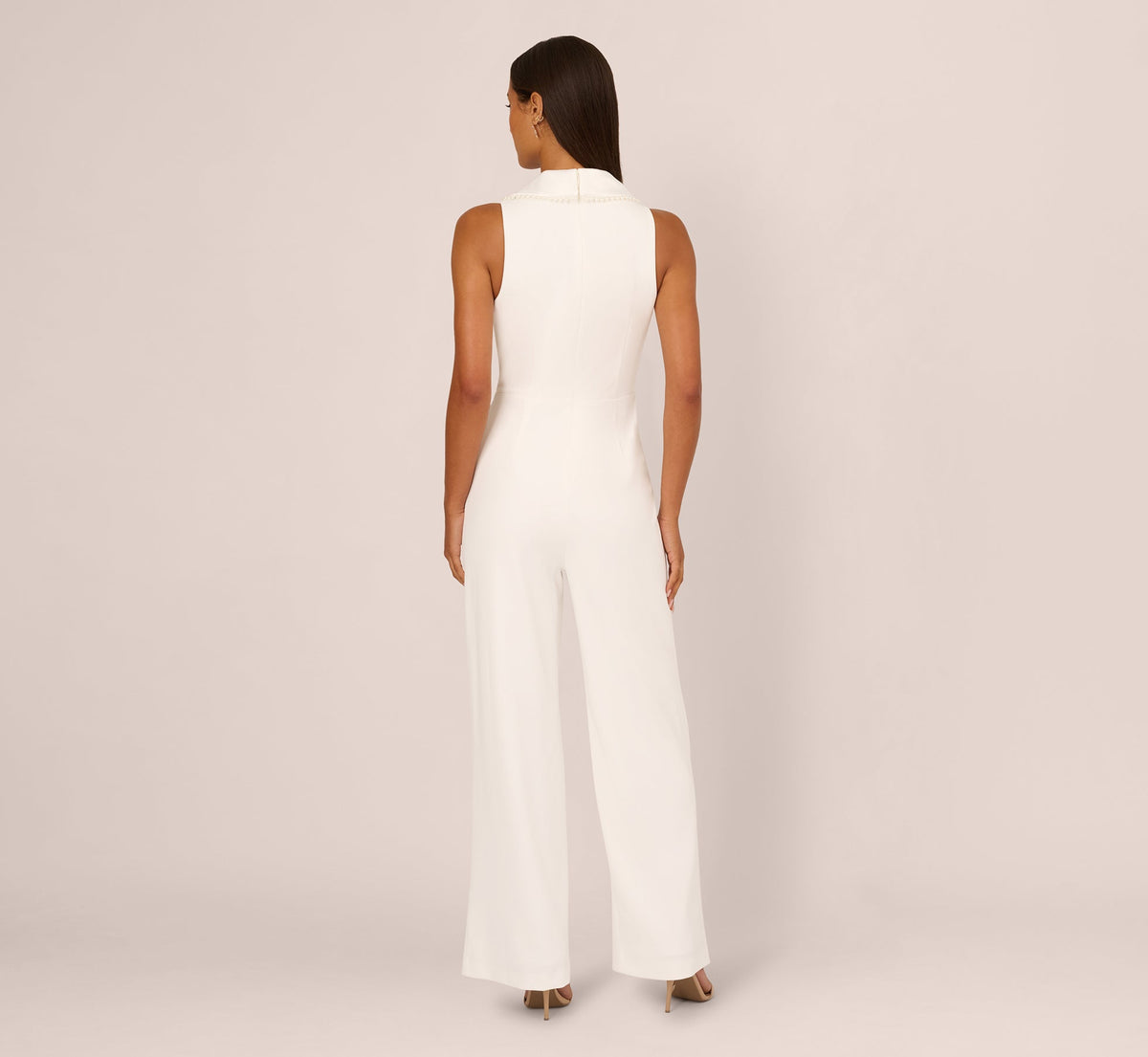 Sleeveless Crepe Tuxedo Jumpsuit With Pearl Trim - Ivory | Adrianna Papell