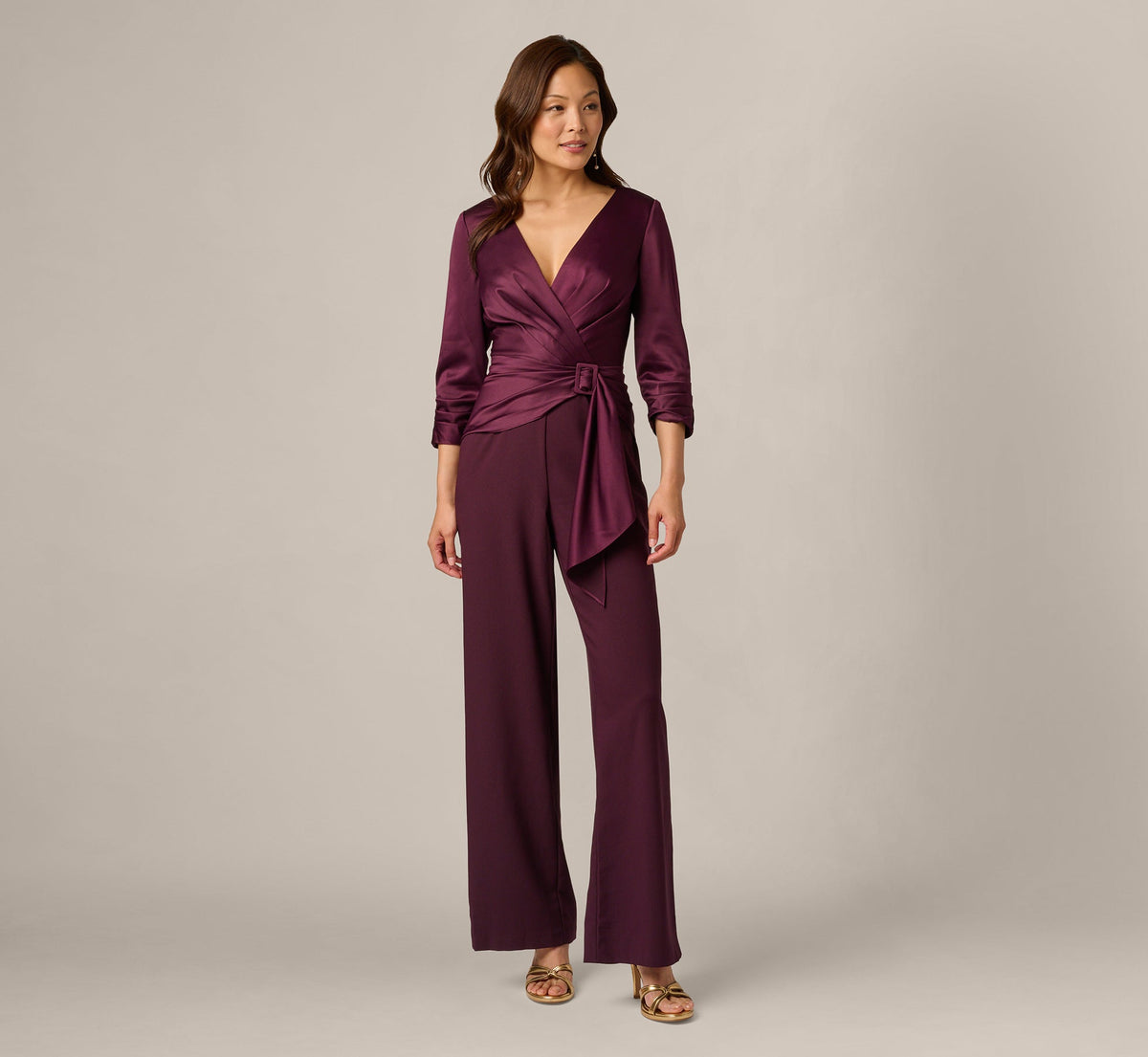 Satin Crepe Three Quarter Sleeve Jumpsuit With Buckle Waist - Bordeaux Glow | Adrianna Papell