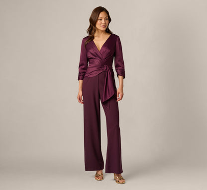 Satin Crepe Three Quarter Sleeve Jumpsuit With Buckle Waist - Bordeaux Glow | Adrianna Papell