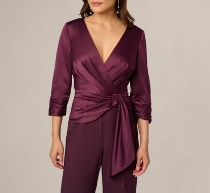 Satin Crepe Three Quarter Sleeve Jumpsuit With Buckle Waist - Bordeaux Glow | Adrianna Papell