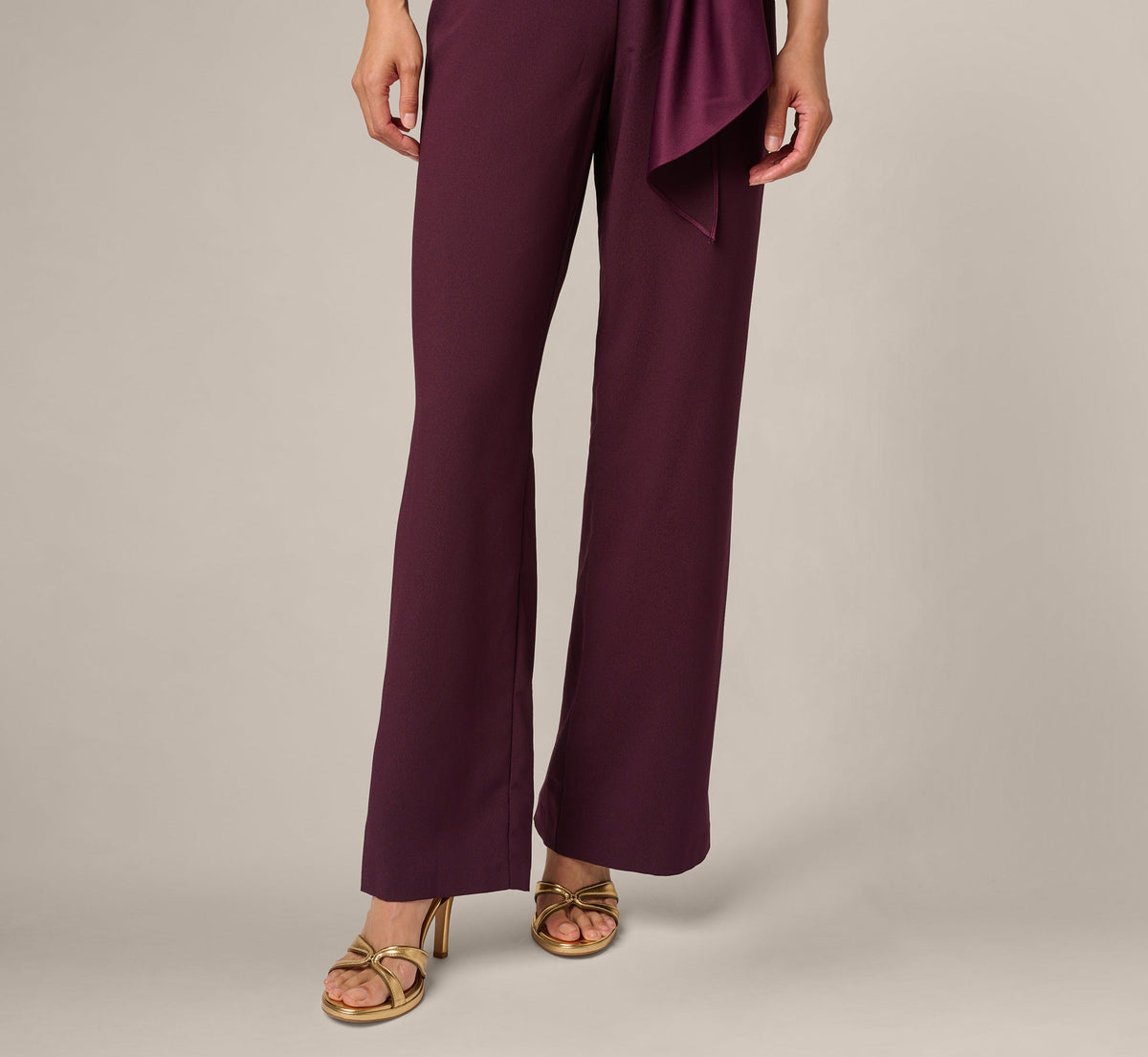 Satin Crepe Three Quarter Sleeve Jumpsuit With Buckle Waist - Bordeaux Glow | Adrianna Papell