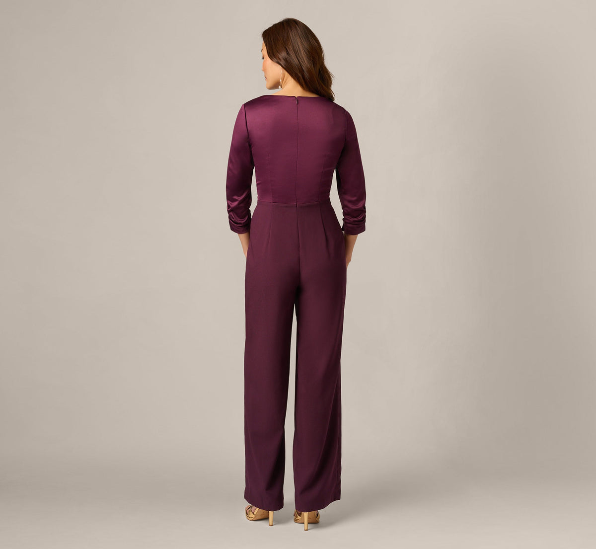 Satin Crepe Three Quarter Sleeve Jumpsuit With Buckle Waist - Bordeaux Glow | Adrianna Papell