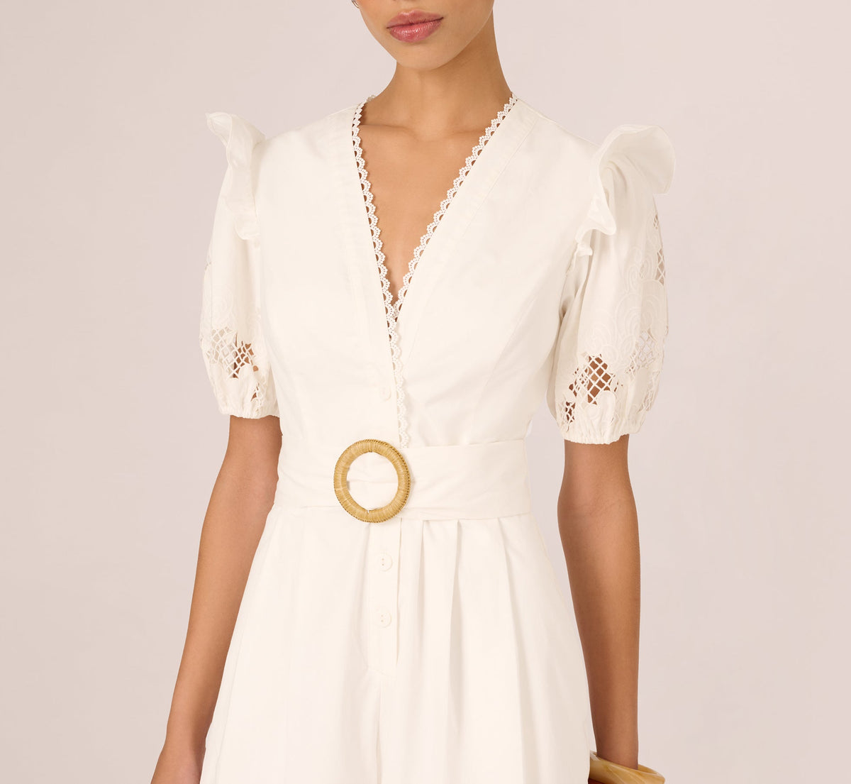 Puff Sleeve Cotton Lace Romper - Ivory | Adrianna Papell